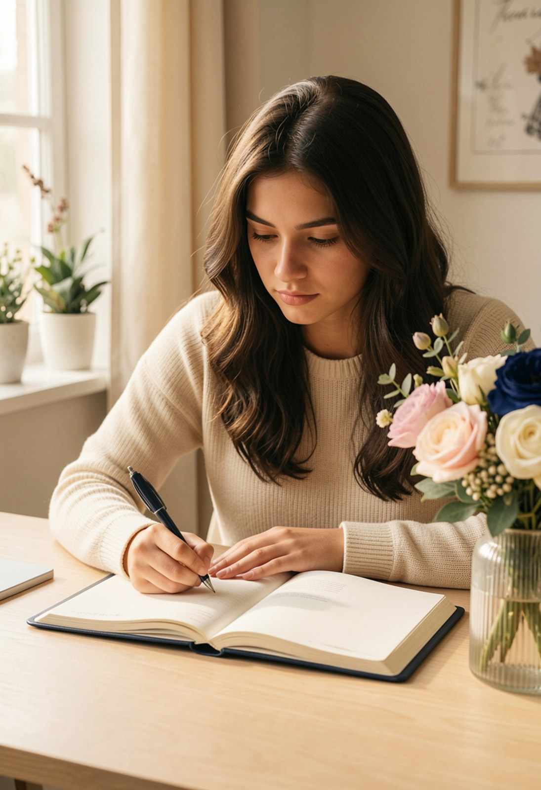 A young woman thoughtfully journaling, surrounded by navy and rose floral arrangements
