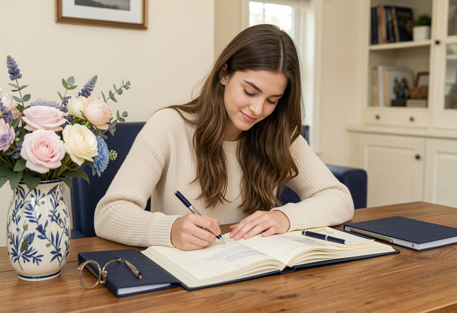 A young woman thoughtfully journaling at a desk with navy and coral floral arrangement nearby