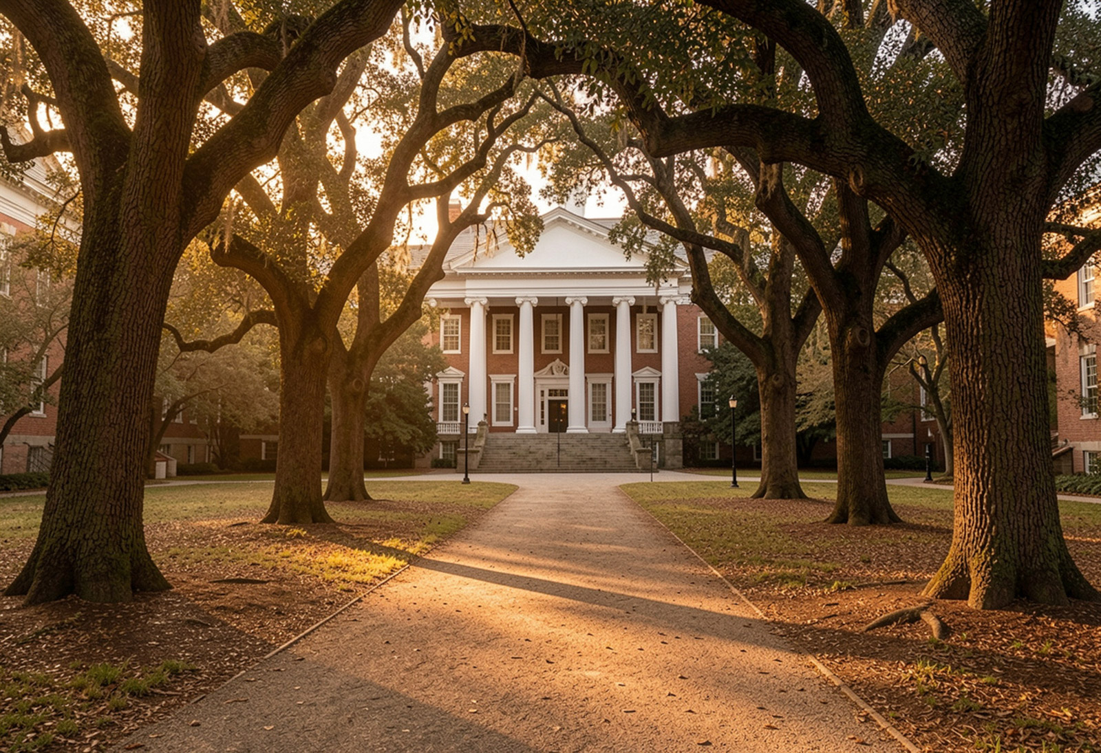 Sunlit Southern collegiate quad with white-columned building under oak trees