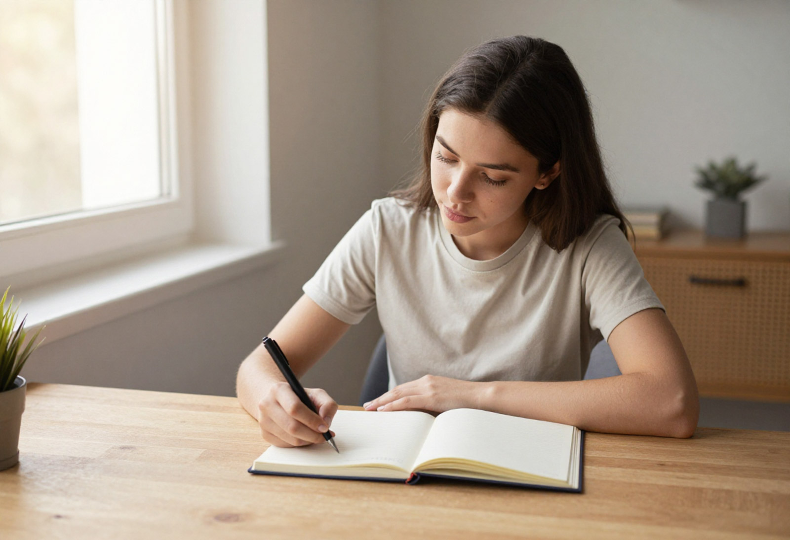 A young woman writing thoughtfully in a journal at a sunlit desk